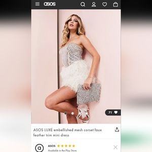 Asos Luxe Cocktail dress. Large sequin and faux feather. Stapless, mini dress.